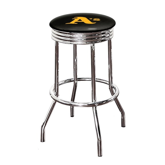 The Furniture King Bar Stool 24" or 29" Tall Backless Chrome Metal Stool Featuring Your Favorite Baseball Team Logo on a Colored Vinyl Swivel Seat Cushion - A's on Black