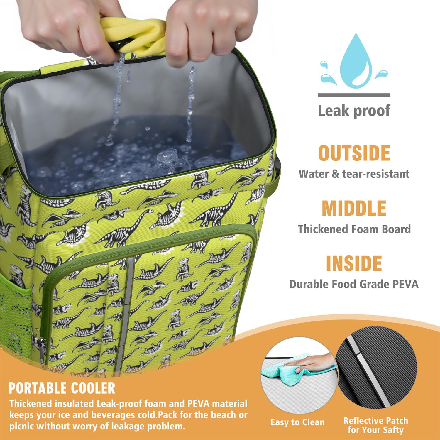 Travel Cooler Bag - Green Dinosaurs Skeletons Pattern Camping Beer Cooler Backpack with Bottle Opener- Waterproof Insulated Picnic Backpacks - Cooler Bag for Beach