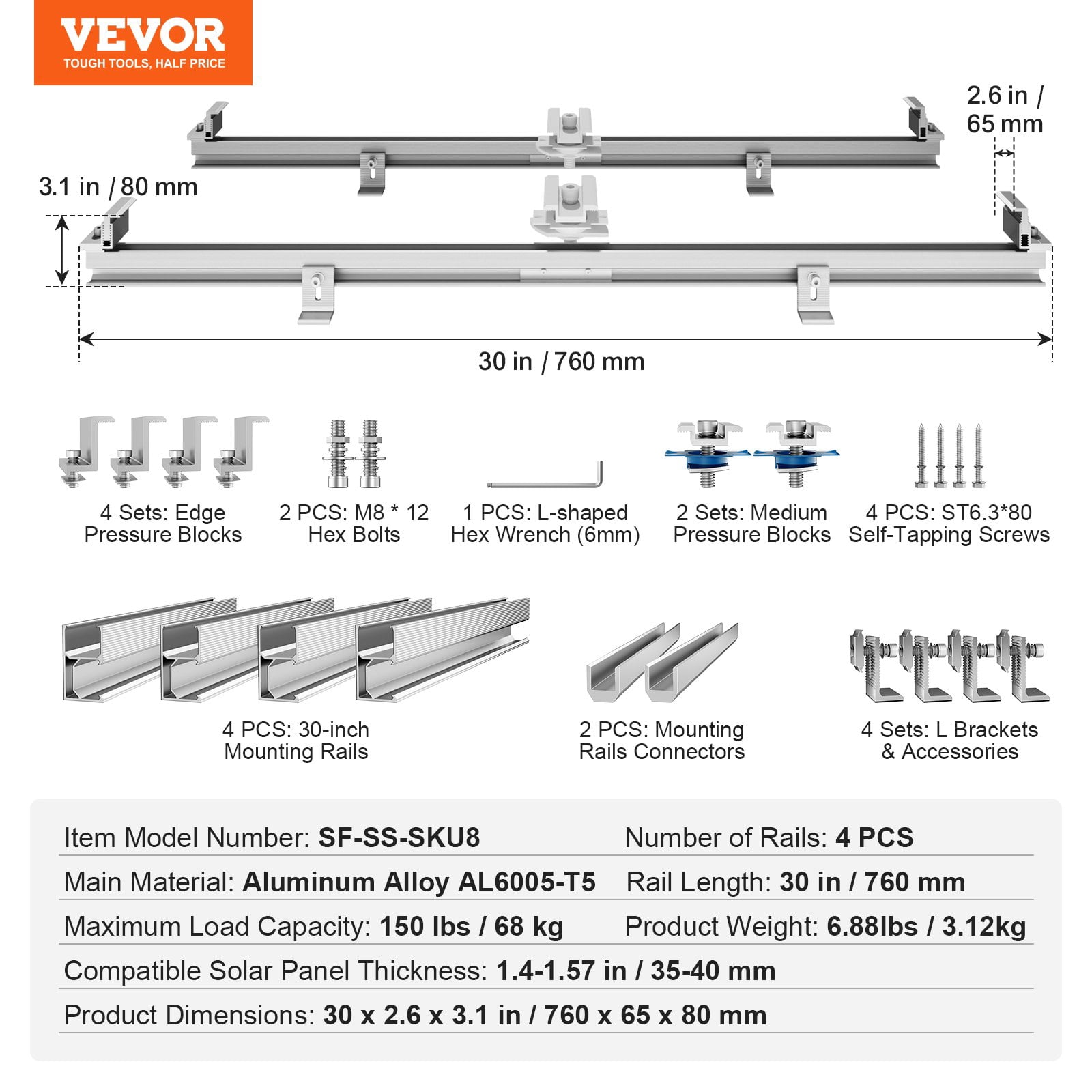 VEVOR Solar Panel Mounting Brackets Kit  Adjustable for Various Roofs, Durable Installation Solution