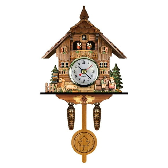 Antique Wooden Cuckoo Clock Auto Swing Bell, Traditional Northwest European Style, Medium Density Fiberboard, Battery Powered