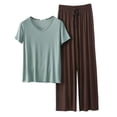 thumbnail image 2 of LIZUOJUN Modal Pajamas for Women V Neck Short Sleeve Long Pants Wide Leg Soft Stretchy Lightweight Sleepwear Loungewear 2 Piece Set Summer Spring - L, 2 of 5
