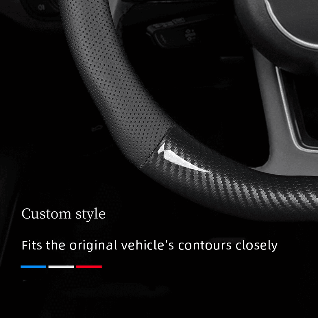 Flat Bottom Steering Wheel Cover, D Shaped Car Wheel Cover 14-14 1/4 in. (35.5-36 cm), for Tesla Model 3 / Y, for Camaro, Black Breathable Leather with Carbon Fiber Pattern