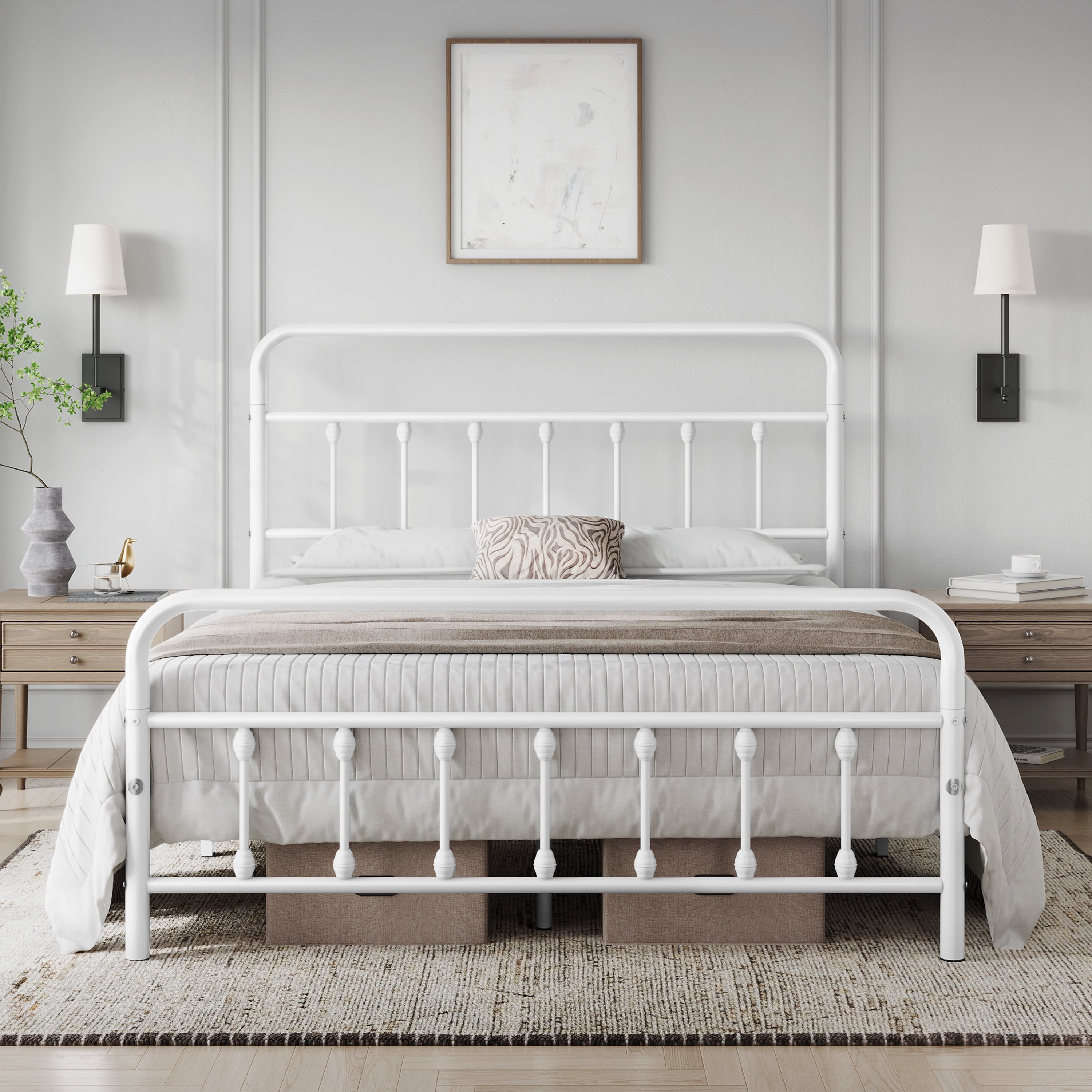 Alden Design Queen Size Classic Iron Platform Bed with High Headboard and Footboard, White