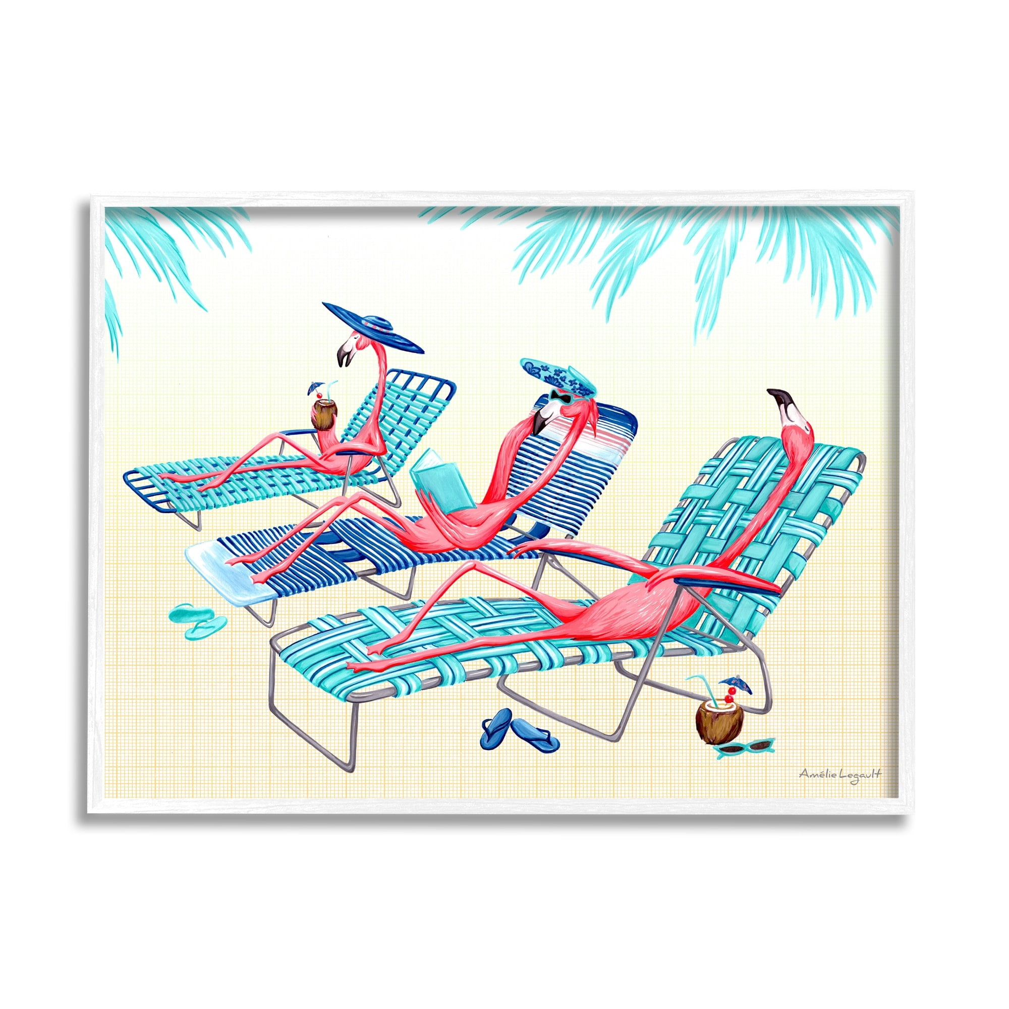 Stupell Industries Pink Flamingos Lounging Beach Chairs Tropical Scene Graphic Art White Framed Art Print Wall Art, Design by Amelie Legault