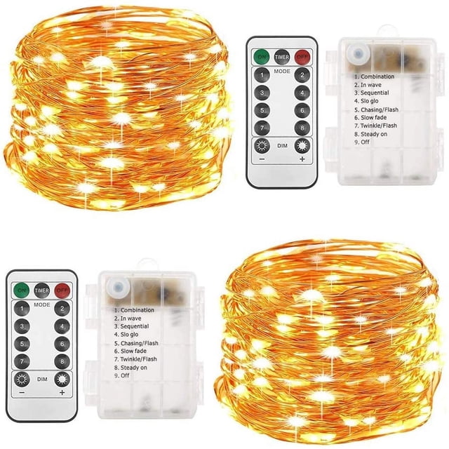 Juego de 2 guirnaldas de luces navideñas a pilas de 10 metros y 100 LED con control remoto y temporizador. Luces de luciérnaga con 8 modos de brillo para decoración de jardín, fiestas e interiores.