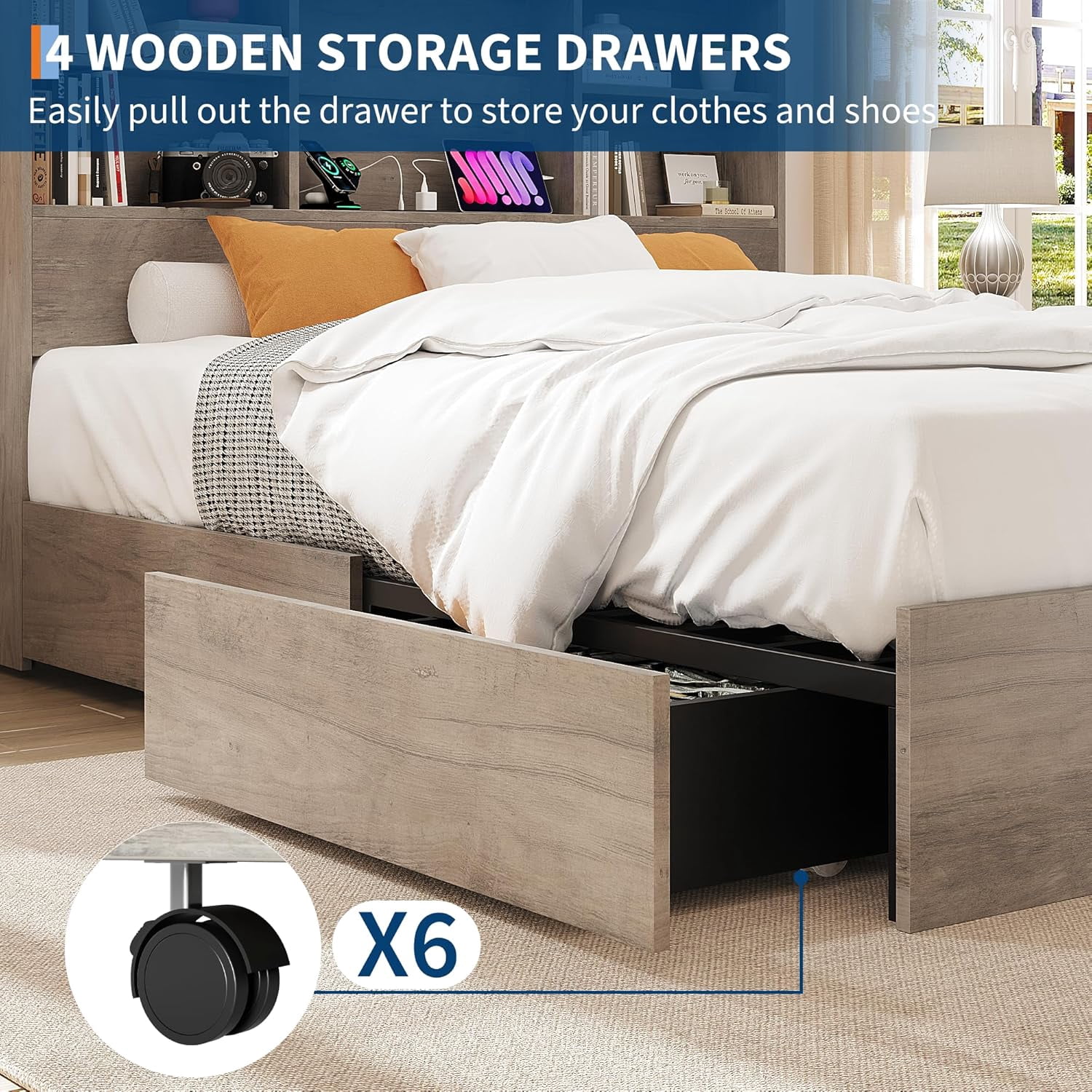 King Size Bed Frame with Storage Headboard, Metal Frame Platform Bed, Built-in Charging Station, No Box Spring Needed, Noise-Free