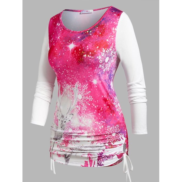 Camiseta Navideño Talla Extra Estampado Alce Copo de Nieve Rosegal Mangas largas de talla grande