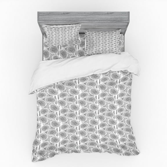 Floral Duvet Cover Set, Hand Drawn Sketches of Dandelion Flowers and Spots on a Plain Background, Bedding Set with Shams and Fitted Sheet, 3 Sizes, by Ambesonne