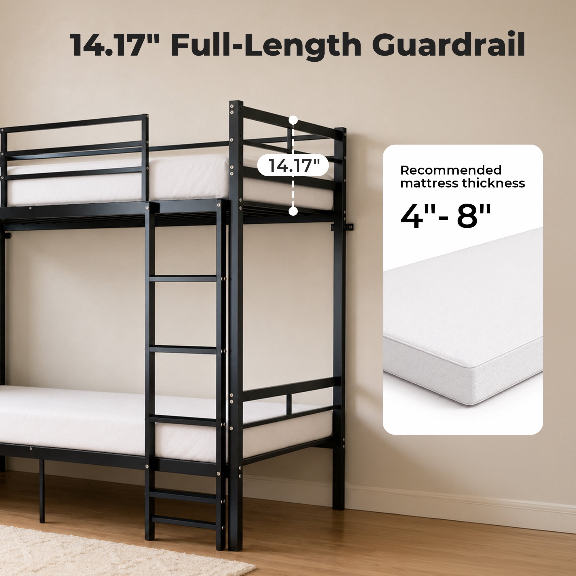Alvantor Bunk Bed Twin over Twin, Metal Bunk Bed for Kids with Ladder and Anti-tip Bracket Black