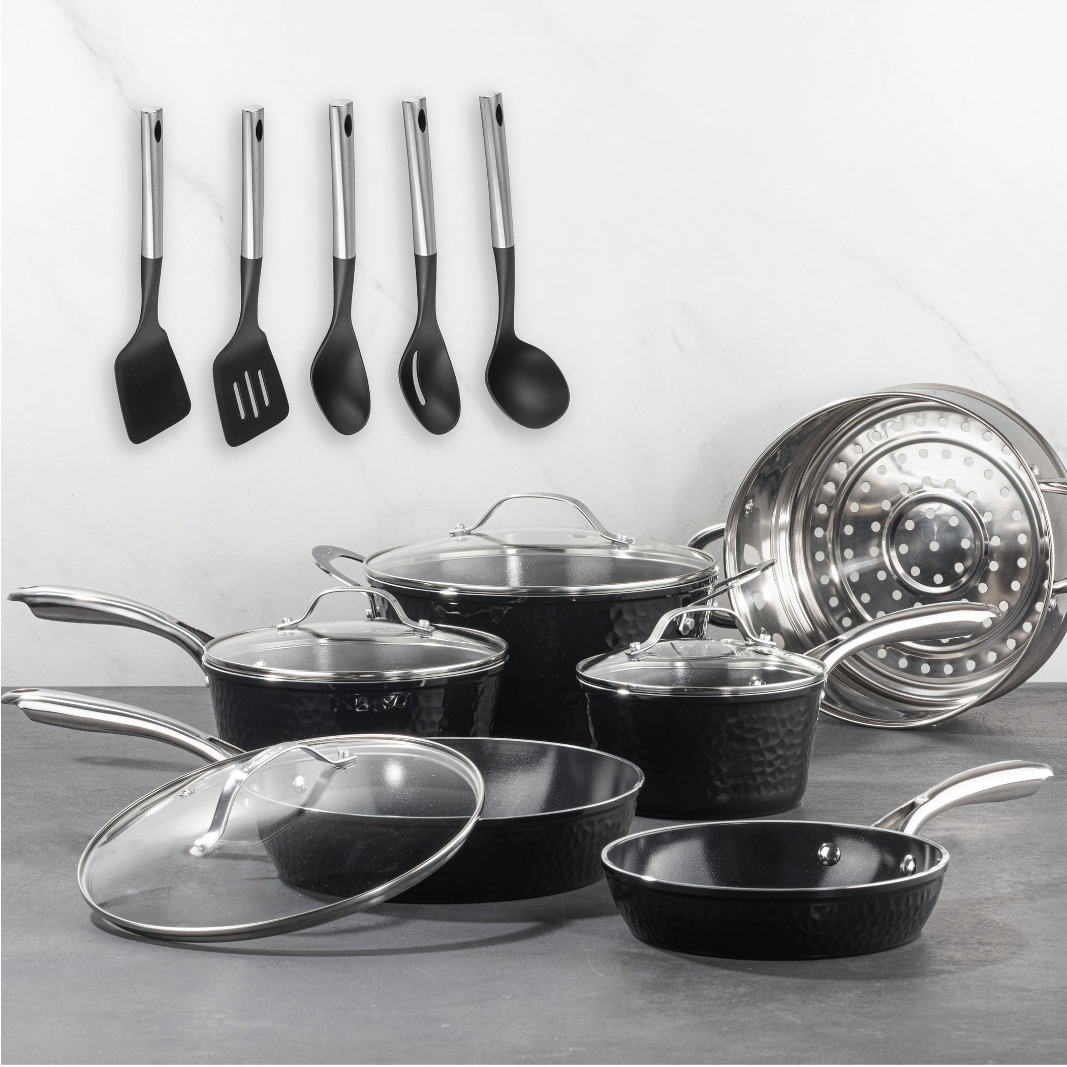 Gotham Steel Hammered 15 Pc Ceramic Pots and Pans Set Non stick, Ceramic Cookware Set with Utensils, Pots and Pans for Cooking, Non Toxic Pot and Pan Set, Kitchen Set, Oven/Dishwasher Safe, Black