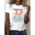 thumbnail image 1 of Women's Vibrant Waves Graphic Tee - Casual Gray Crew Neck Short Sleeve Top with Colorful Sunset Design, Machine Washable - Ideal for Spring & Summer, 1 of 6