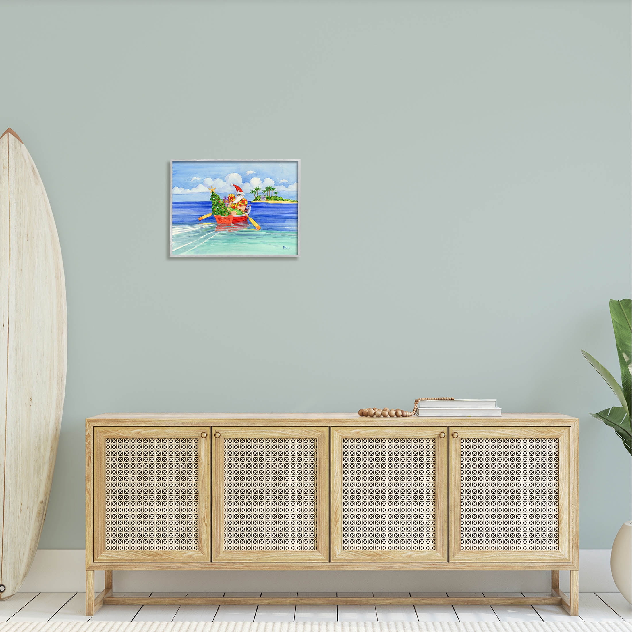 Stupell Industries Santa's Delivery Tropical Christmas Boat Painting Gray Framed Art Print Wall Art, Design by Paul Brent