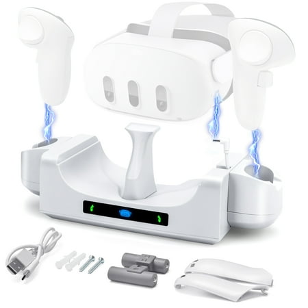 EEEkit Charging Dock Fit for Oculus/Meta Quest 3, Fast Charging Stand with 2 Rechargeable Batteries, Battery Cover, Extension Cables, VR Headset Display Stand and Controller Mount