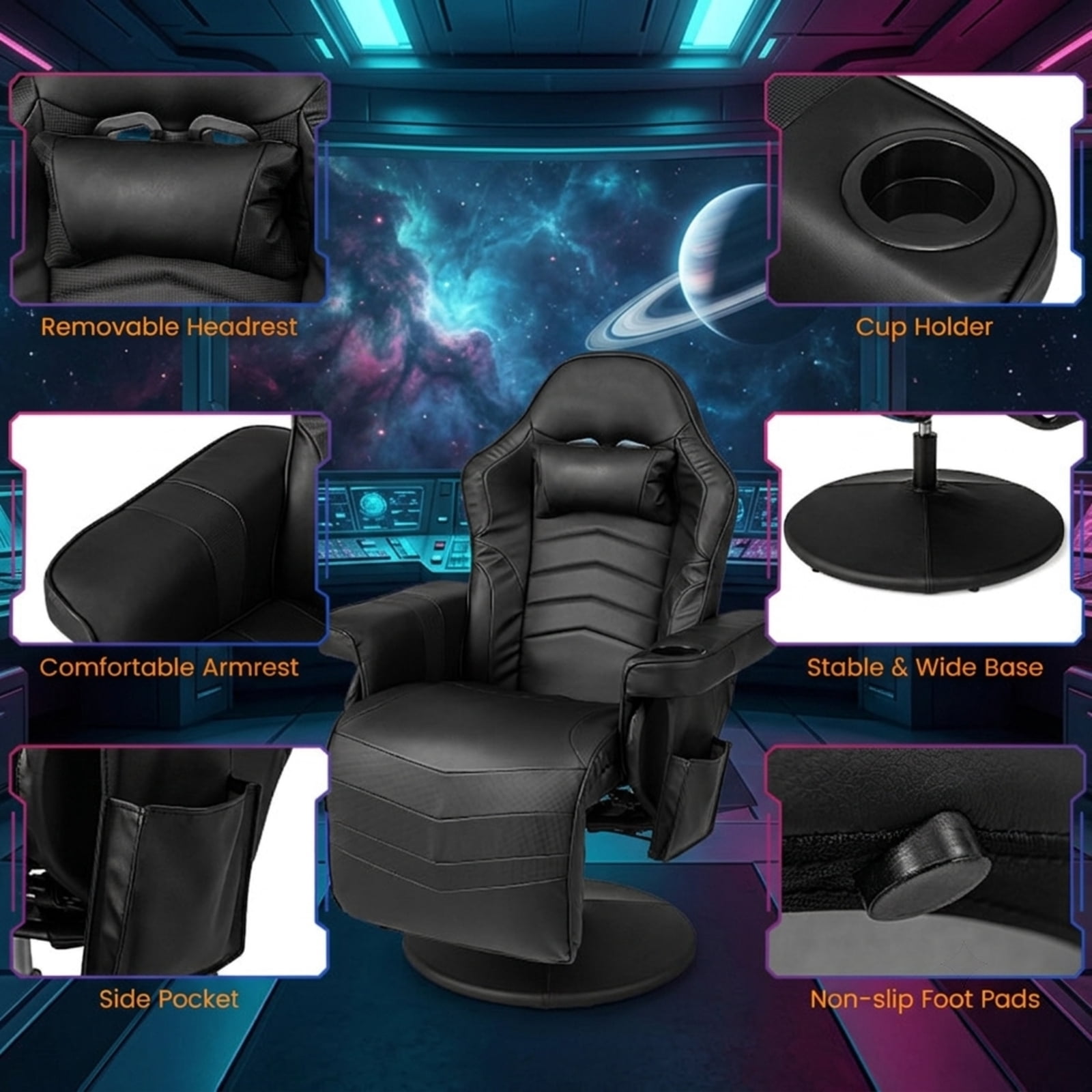 Furnibear Massage Video Gaming Recliner with Adjustable Height Reclining Backrest Retractable Footrest and Cup Holder for Office and Gaming, Black