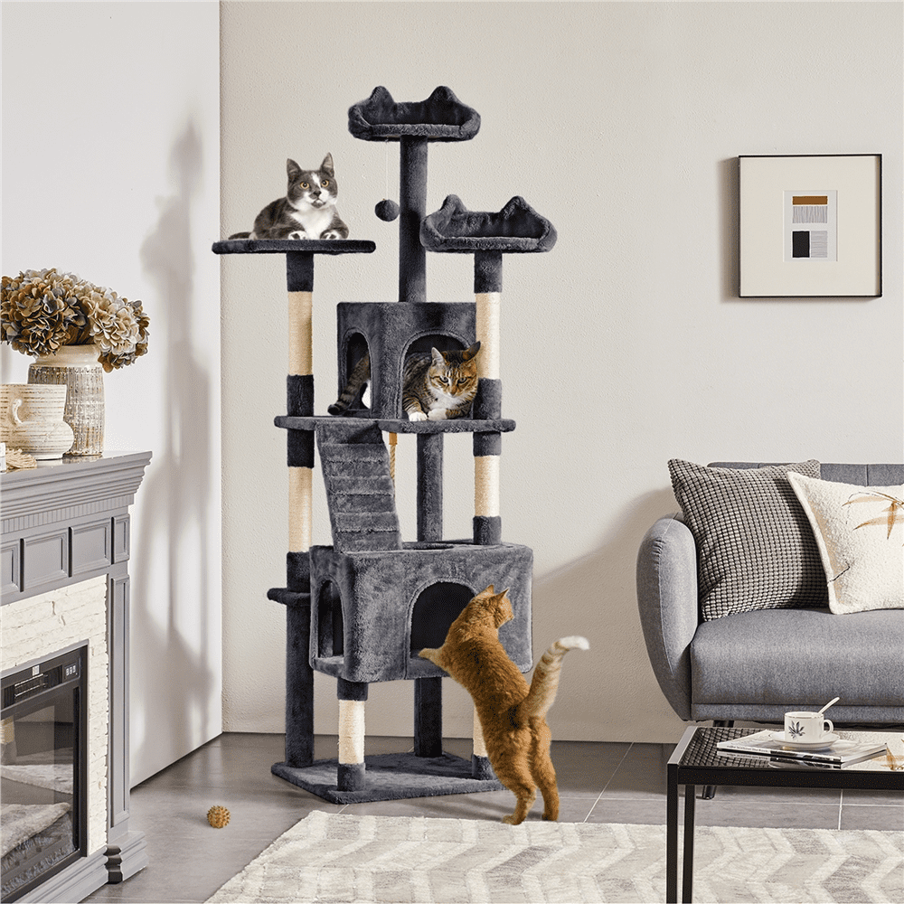 Yaheetech 72″ H Cat Tree with 2 Condos & 3 Top Platform & Scratching Posts, Dark Gray