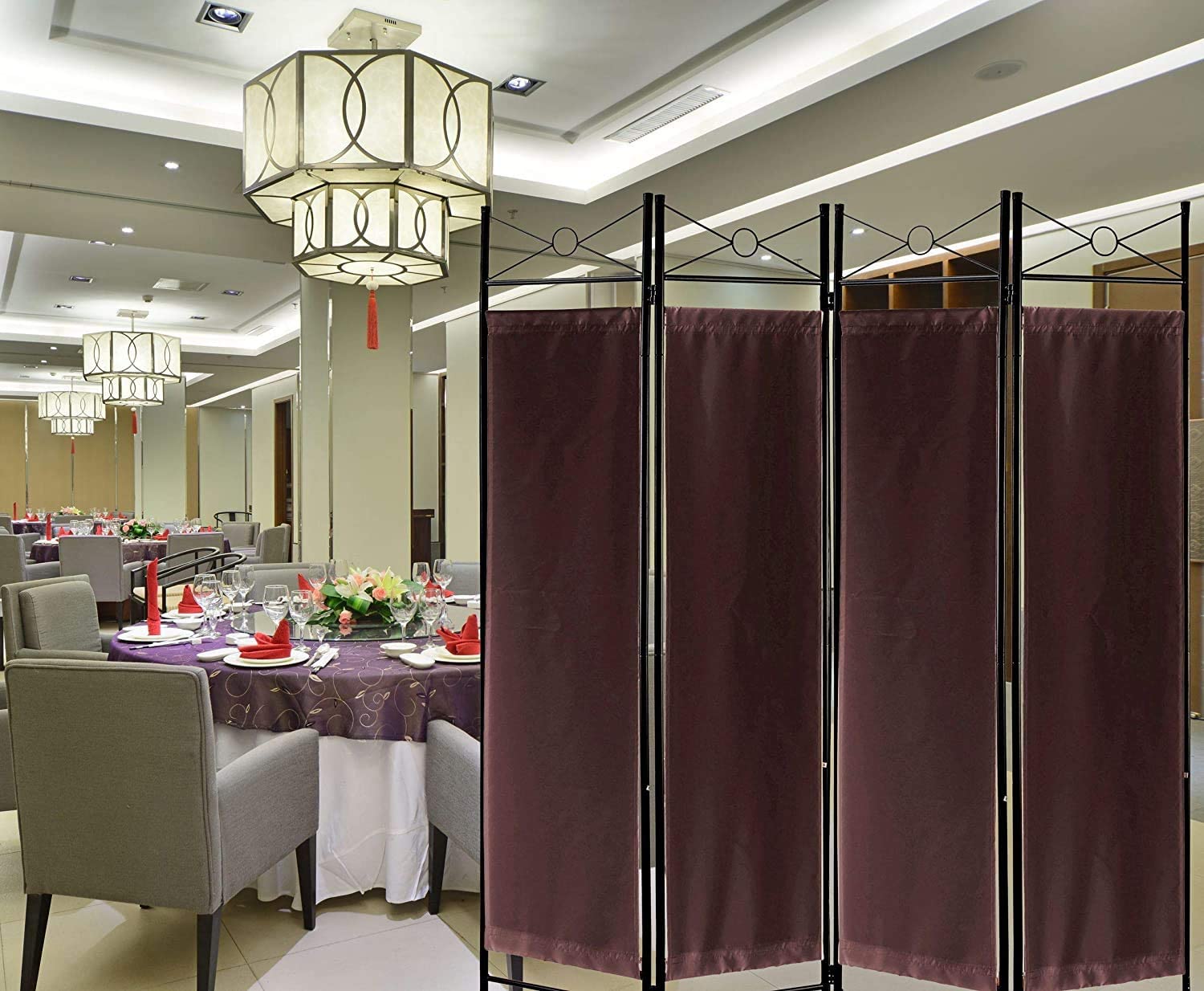 Legacy Decor 4 Panels Room Dividers Privacy Screen Home Office Fabric Metal Brown Color