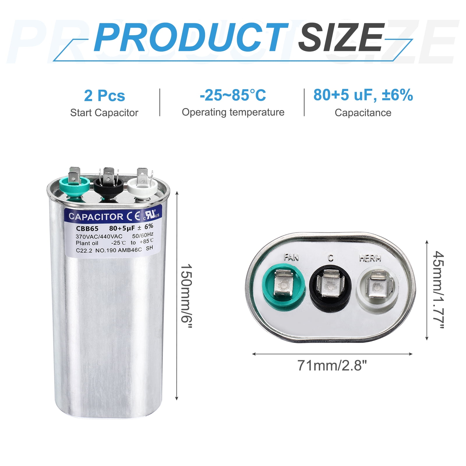 Uxcell 2Pcs 80+5MFD CBB65 Run Start Capacitor 80+5uF, 370/440V Oval AC Capacitor for AC Motor Run, HVAC, Air Conditioner, Condenser Motors