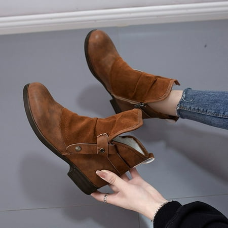 

YOTAMI Womens Boot Winter Thick Soled Belt Buckle Side Zipper and Fleece Vintage Ankle Boots Home Brown 7.5