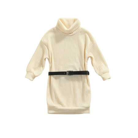 

Canrulo Toddler Baby Girl Casual Knitted Dress Long Sleeve Turtleneck Fall Winter Sweater Skirt with Waist Belt Beige 3-4 Years