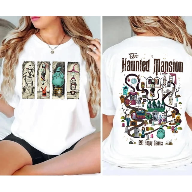 Double Sided Disney Retro Nightmare Before Christmas Haunted Mansion Graphic T-Shirt All Size S-5XL