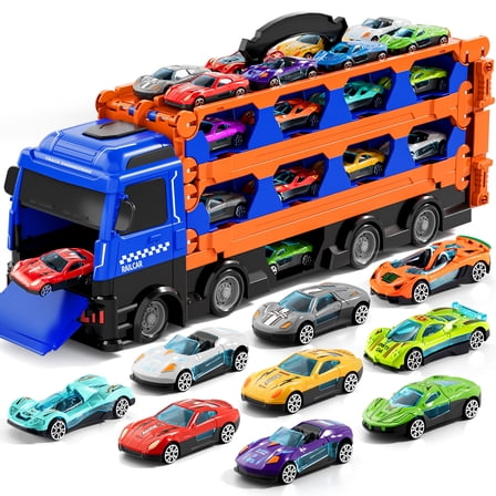 Truck Toys for Kids Boys, 24 Pcs Die-Cast Car Set with Race Track & Car Launcher, Boys Toys Ages 3-6