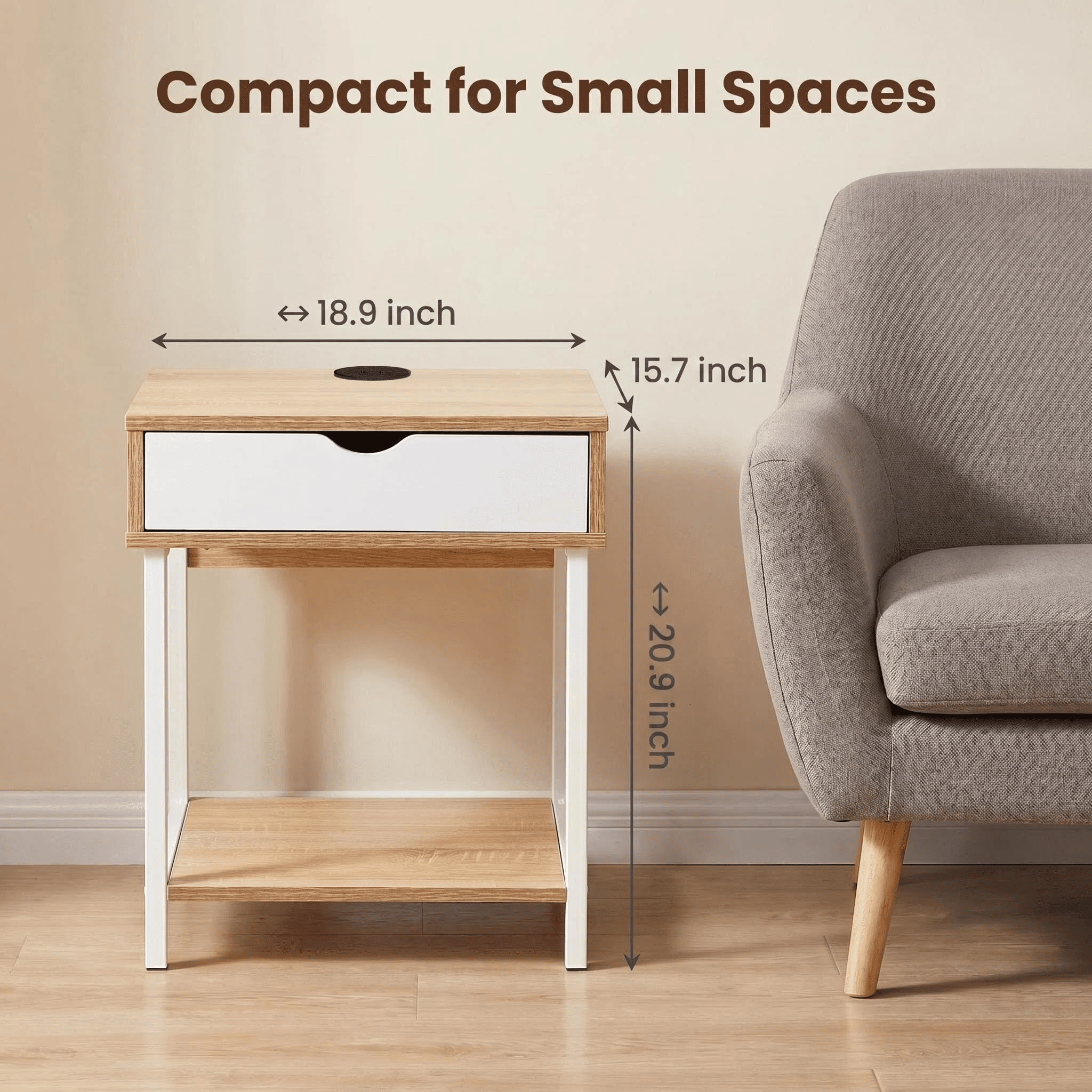 JJS Side End Table, Nightstand, Bedside Table with Drawer and Storage Shelves, Sofa Table for Living Room, Bedroom, Accent Furniture, Easy Assembly, Oak/White