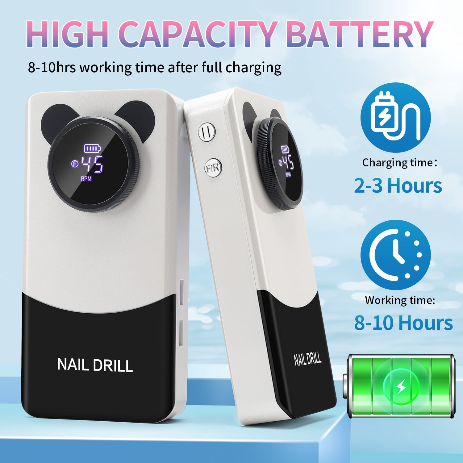Professional 45000RPM Nail Drill Machine for Acrylic & Gel Nails, Rechargeable Electric Nail File with LCD Display, Low Noise, Portable E-File Tool