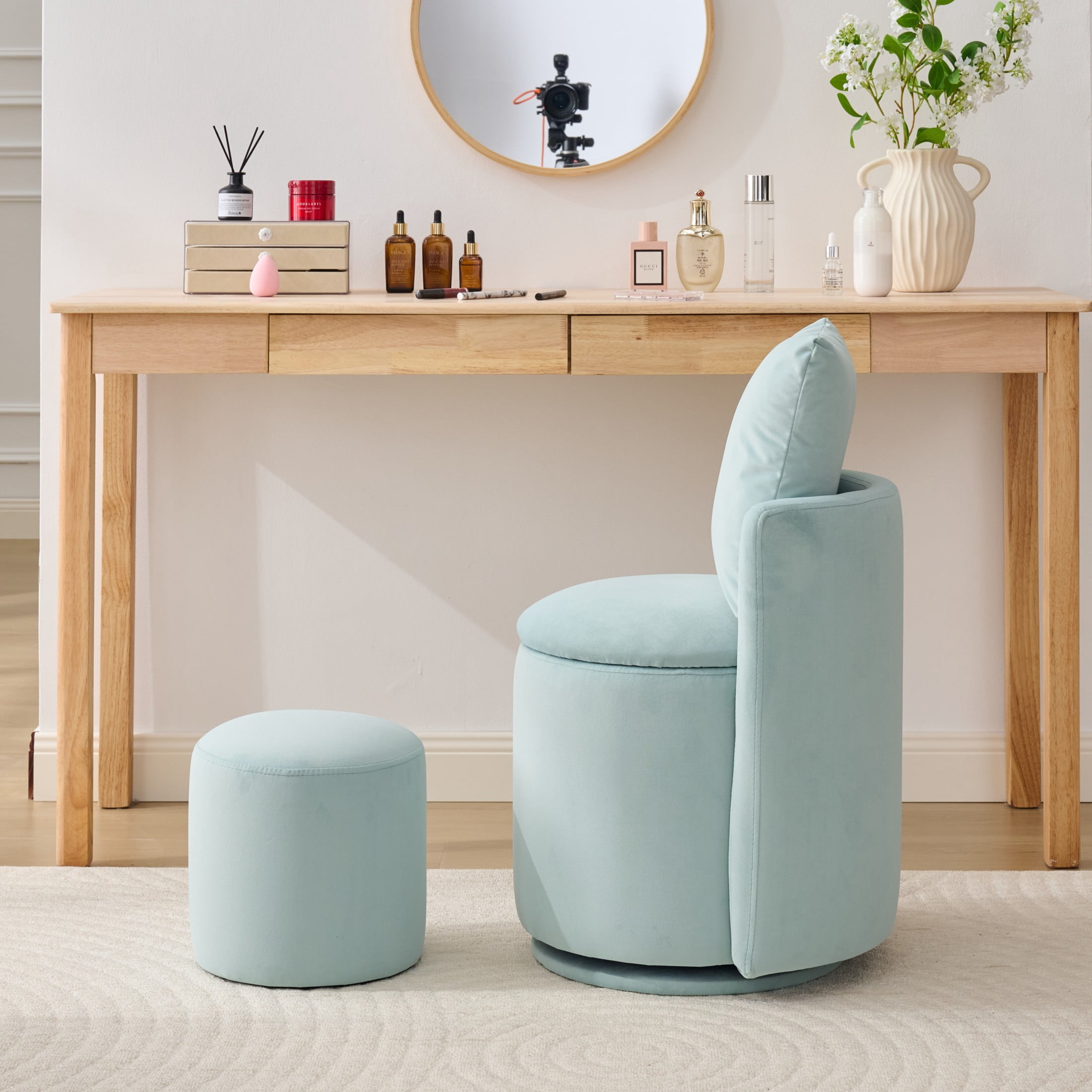 Noble House Velvet Swivel Accent Chair with Ottoman & Toss Pillow, Storage Barrel Chair, Aqua
