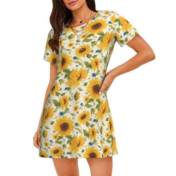 Easygdp Beautiful Countryside Sunflower Camisón de manga corta para mujer, informal, estampado