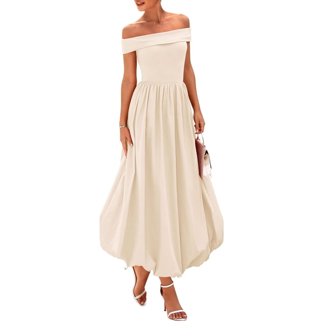 Vestido PRETTYGARDEN para mujer, de verano, con hombros descubiertos, línea A, beige
