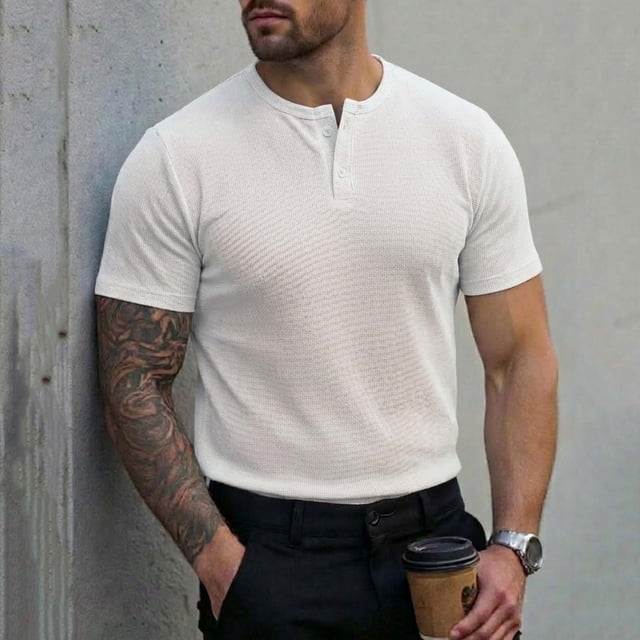 Ceisia Men's Slim Fit Short Sleeve Henley Shirt Waffle Knit Solid Color Casual T-shirt White S Gifts