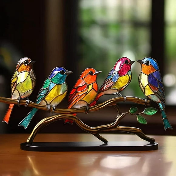 Stained Glass Birds On Branch Desktop Ornaments, Multicolor Hummingbird Stained Metal Desk Ornament and Office Desk Decorations (One Birds)