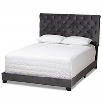 King Size Bed Velvet Upholstered Dark Grey, Elegant Bedroom Furniture with Headboard & Slats