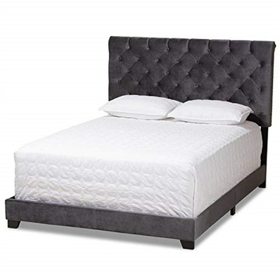 King Size Bed Velvet Upholstered Dark Grey, Elegant Bedroom Furniture with Headboard & Slats