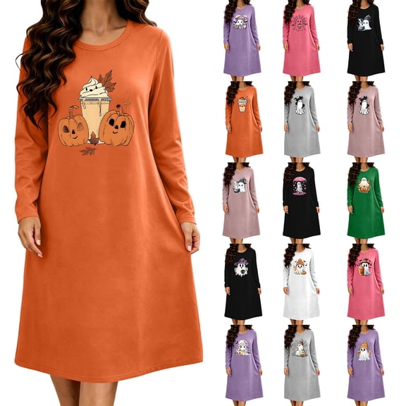 Stamzod Women's Long Sleeve House Dress Halloween Print Crewneck Sleep Shirt Plus Size Nightgowns for Women XXL