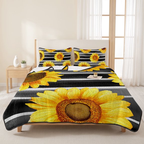 3 Pieces Queen Quilt Set,Farm Watercolor Sunflowers Soft Bedding Sets with 1 Quilt & 2 Pillow Shams,Black Striped Background Summer Bedspread Lightweight Coverlet Comforter