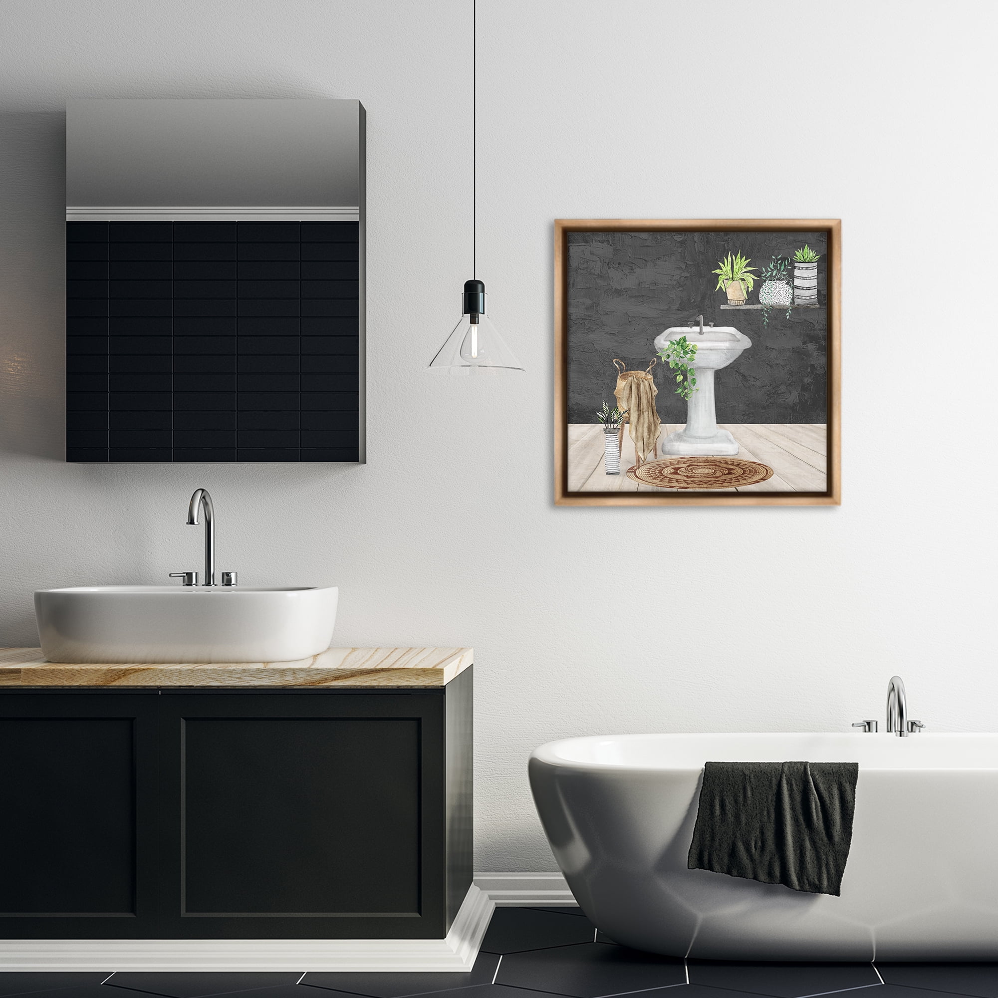Stupell Industries Relaxing Bathroom View Bath & Laundry Painting Brown Floater Framed Canvas Art Print Wall Art, 25 x 25