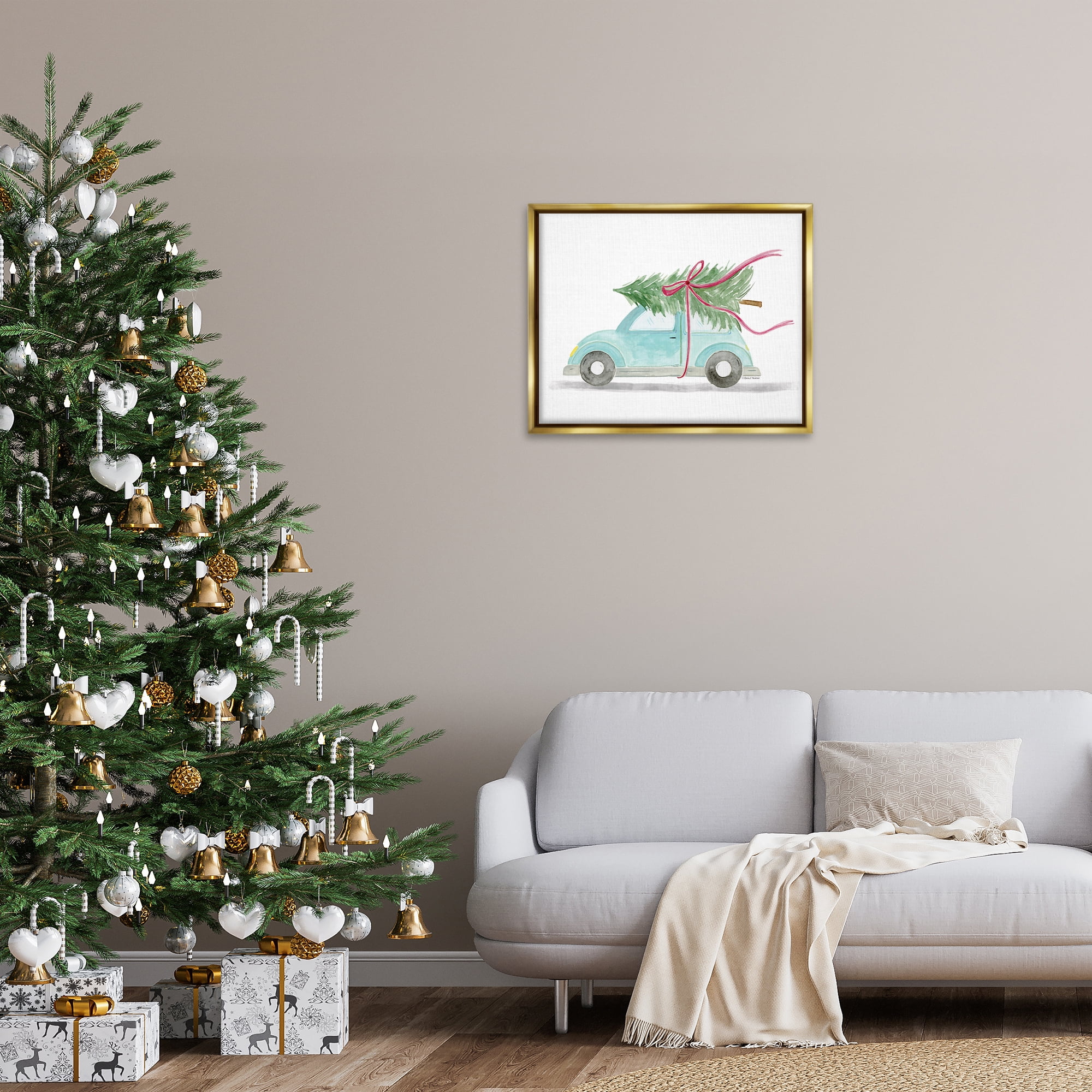 Stupell Industries Windblown Tree on Car Holiday Painting Gold Floater Framed Canvas Art Prints Wall Art, 31 x 25