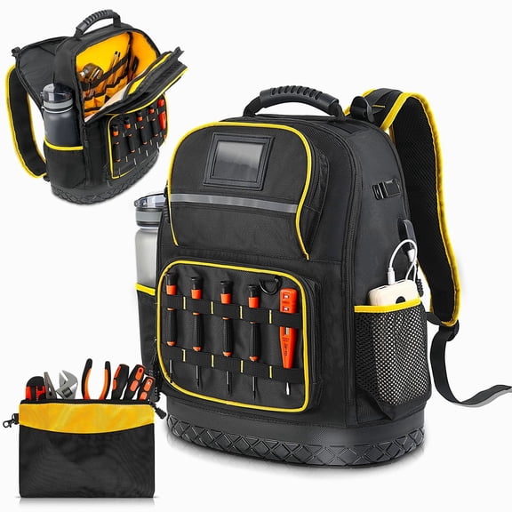 Tool Backpack,GOCHIFIX Heavy Duty Tool Bag with Hard Bottom,Laptop Compartment and Multiple Pockets,Black