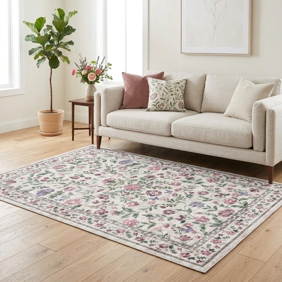 HIWEAVER Purple 8′ x 10′ Floral Area Rug for Living Room Washable Non Slip Indoor Carpet for Bedroom Decor