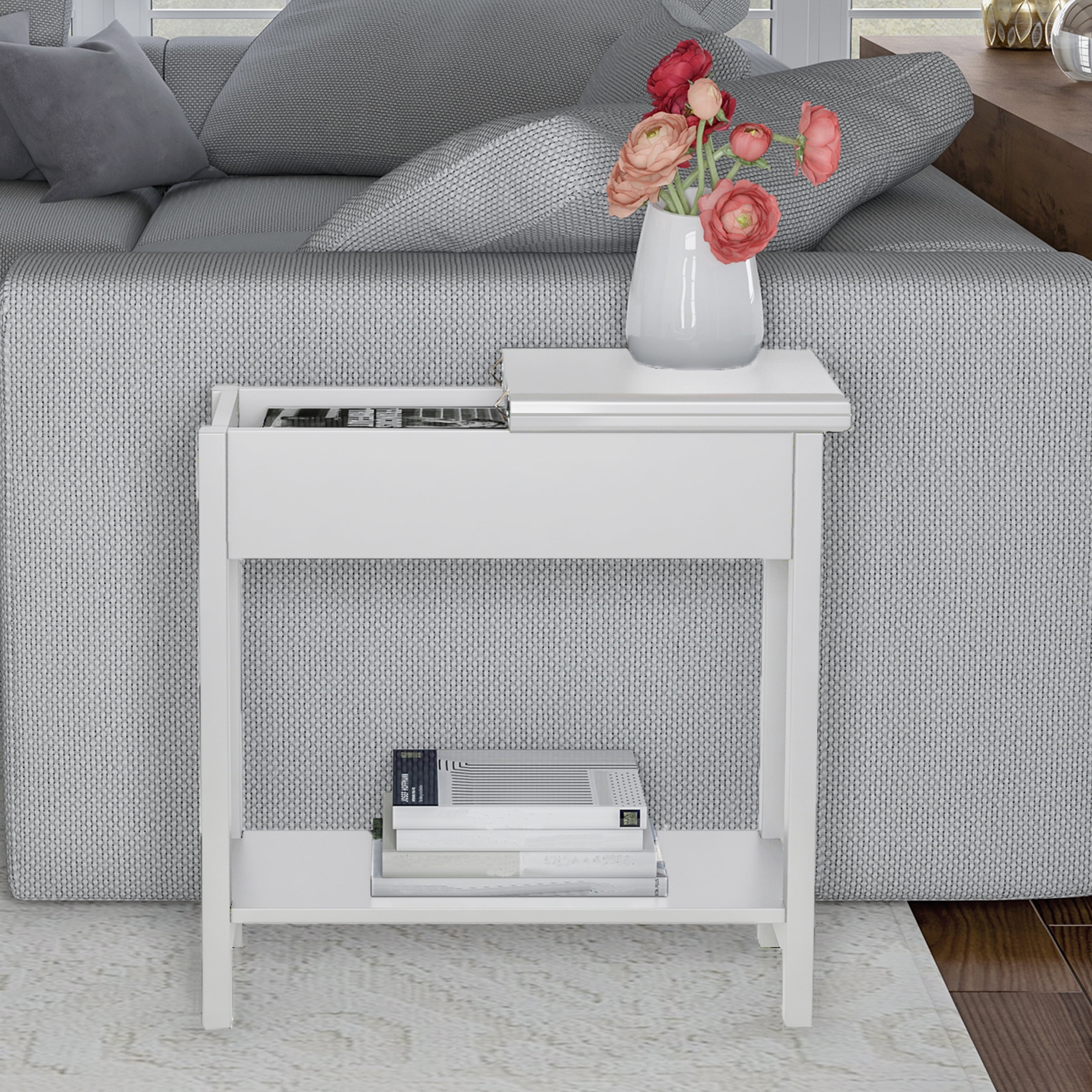 Lavish Home Narrow End Table with Storage Compartment and Shelf (White)