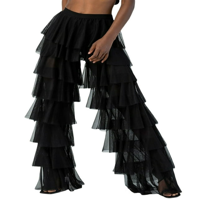 Women High Waist Trim Tulle Mesh Wide Leg Trousers Y2K Casual Solid Chiffon Multi Layer Ruffle Yarn Pants