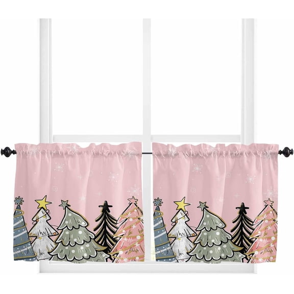 Pink Christmas Tree Kitchen Curtain 2 Panels Tiers Curtains 36 Inch Length, Xmas Tree Cute Snowflake Curtains Rod Pocket Curtains Window Drapes Treatment Window Cafe Curtains