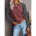 thumbnail image 4 of SHIBEVER Fall Fashion Color Blocked Tunics Tops For Women Long Sleeve Crew Neck Cross Split T Shirts Blouses Claretblock, 4 of 6
