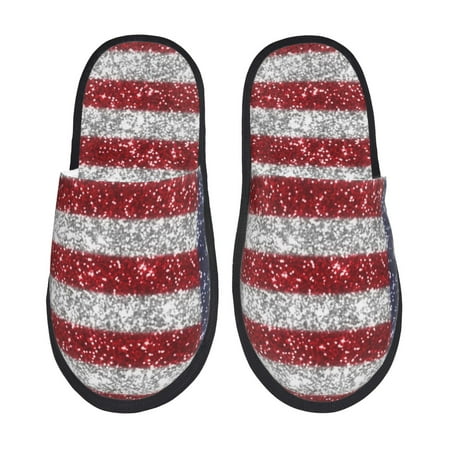 

Fuzoiu America Flag Glitter Print Unisex Furry Slippers Plush Indoor Shoes Trendy House Slippers Anti-Skid EVA Sole House Shoes for Home Office and Travel -Medium