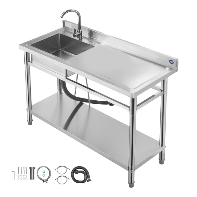 KFFKFF Stainless Steel Utility Sink, Free Standing Single Bowl Commercial Kitchen Sink with Faucet, Utility Right Basin Workbench with Hot & Cold Water Pipe