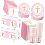 SKYSONIC 24-Piece First Holy Communion Set with Plates, Napkins, and 2 Tablecloths, Blue Baptismal Party Decor for Boys