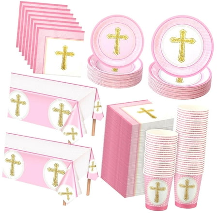 SKYSONIC 24-Piece First Holy Communion Set with Plates, Napkins, and 2 Tablecloths, Blue Baptismal Party Decor for Boys