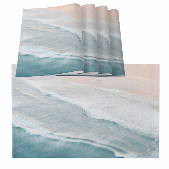 Beach Coastal Placemats for Dinning Table Set of 4, Blue Nautical Summer Ocean Seaside Burlap Kitchen Place Mats Waterproof Cloth Table Mats, Indoor Outdoor Placemats Easy Clean Dinner Decor