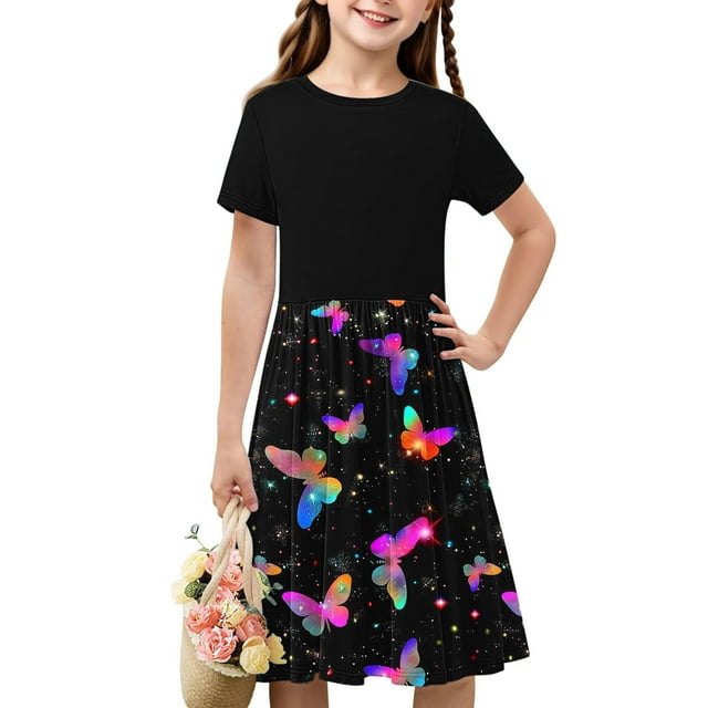 Offres du Jour Liquidation Iumwxz Robes Plissées Confortables Extensibles à Empiècements Robes Col Rond Tendance Graphique Manches Courtes pour Adolescentes Robes Actives pour la Rue 4-14 Ans
